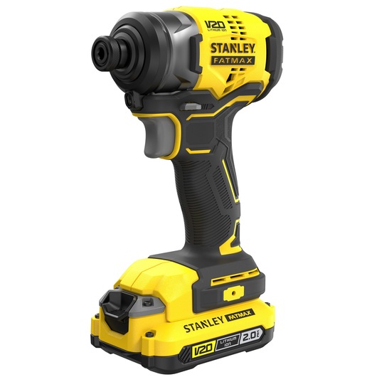 Photo of STANLEY SFMCK461D2S cordless impact driver, V20 FATMAX, black and yellow, front angle.
