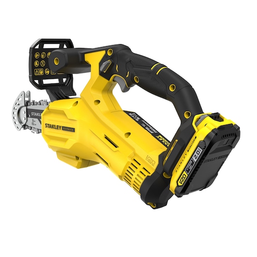 Photo of STANLEY SFMCPS415D1 cordless yellow and black pruning saw, angled view on white background.