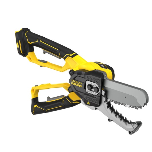 STANLEY SFMCPS515B cordless pruning saw with yellow and black body, side angle on white background.