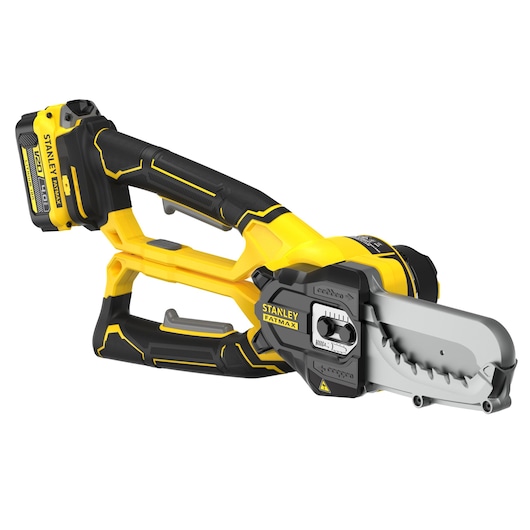 STANLEY SFMCPS515M1 cordless chainsaw, yellow and black, side angle, product photography on white background.