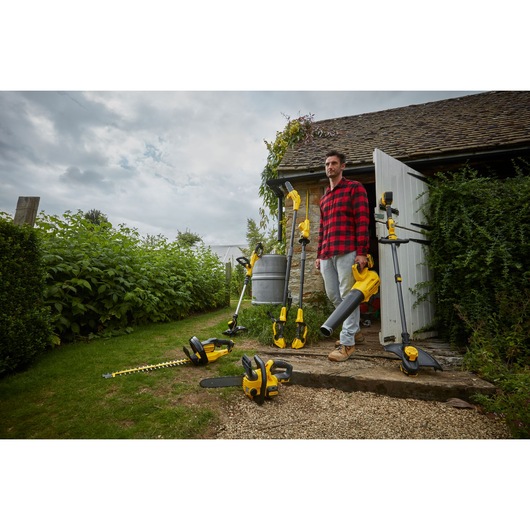 Photo of STANLEY SFMCPS620M1 garden power tools on ground near house, including chainsaw, hedge trimmer, and blower.