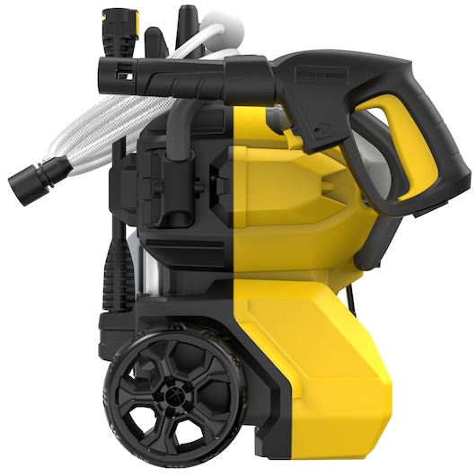 STANLEY SFMCPW1500B pressure washer front view with black and yellow body, hose and trigger handle