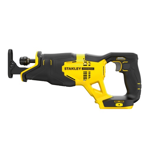 STANLEY SFMCS300M1K reciprocating saw, yellow and black, side angle, cordless power tool.