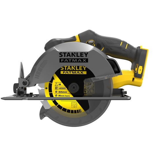 Photo of STANLEY SFMCS500B circular saw, side view, black and yellow, with exposed blade and ergonomic handle.