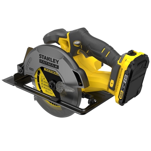 Photo of STANLEY SFMCS500D1K cordless circular saw, yellow and black, side angle on white background.