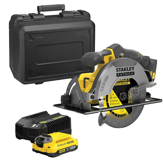 STANLEY SFMCS500D1K circular saw set with case, charger, and battery on white background, front angle.