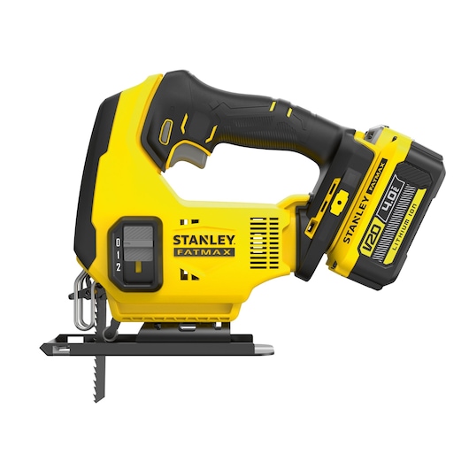 STANLEY SFMCS600M1K cordless jigsaw, yellow and black, side view on white background.
