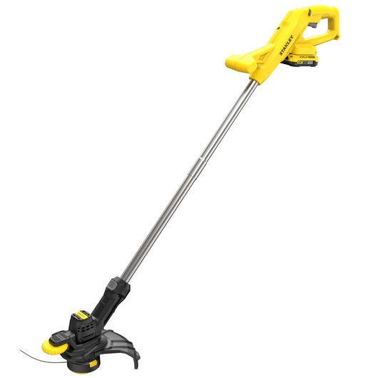 STANLEY SFMCST925M1 yellow cordless grass trimmer side angle on white background.