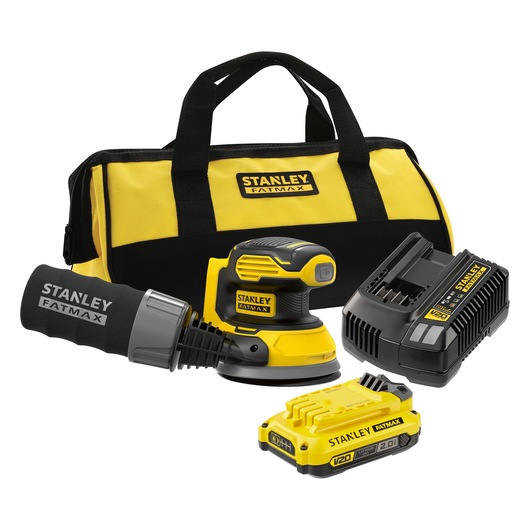 STANLEY SFMCW220D1S cordless sander kit, with yellow and black tool bag, battery, charger, front view