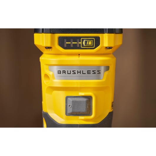 STANLEY SFMCW400B tool close-up showing yellow brushless motor detail, photographed from front.