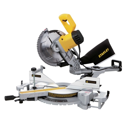 Photo of STANLEY SM18-B2C miter saw with yellow handle, silver blade, and black dust bag, side angle view.