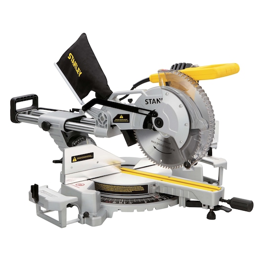 STANLEY SM18-B2C miter saw with yellow handle and dust bag, side angle on white background.