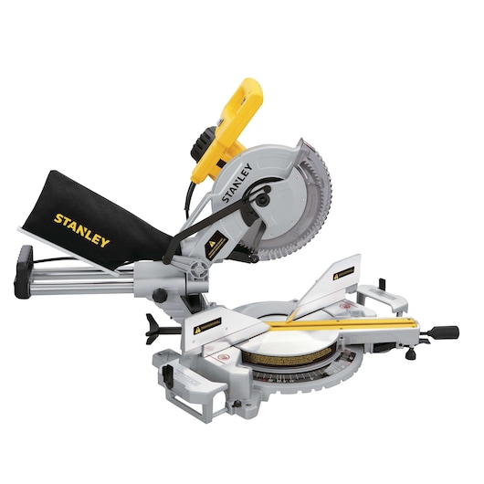 STANLEY SM18-B2C sliding compound miter saw with yellow handle, black dust bag, and silver base, side angle.