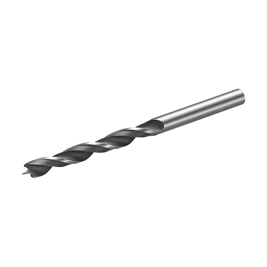 STANLEY STA52021 wood drill bit, silver, spiral flute, side angle, photography on white background.