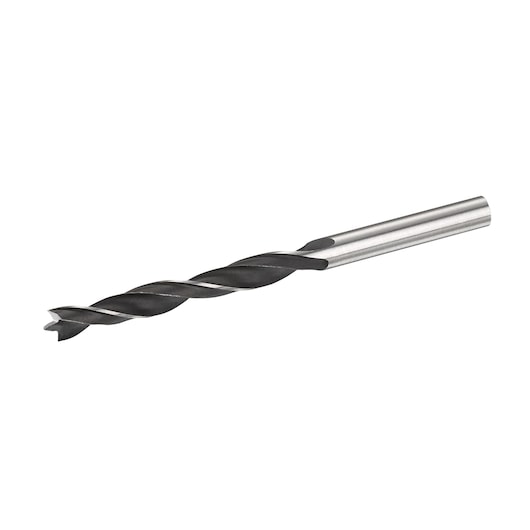 STANLEY STA52031 wood drill bit with black spiral and silver shank, side angle, on white background.