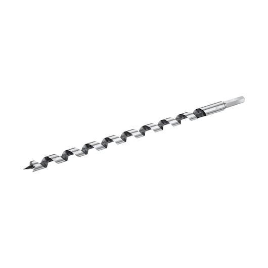 Photo of STANLEY STA52165 auger drill bit, silver, spiral design, side angle on white background.