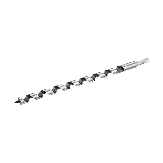 STANLEY STA52170 auger drill bit, silver and black, side angle, photography on white background.