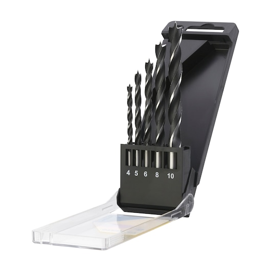 STANLEY STA56001 drill bit set with five black bits in numbered black case, front angle on white background.
