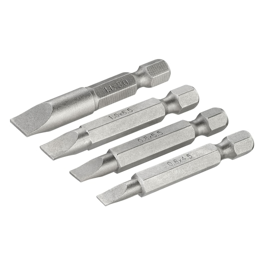 STANLEY STA60115 set of four silver slotted screwdriver bits, photography, angled view on white background.