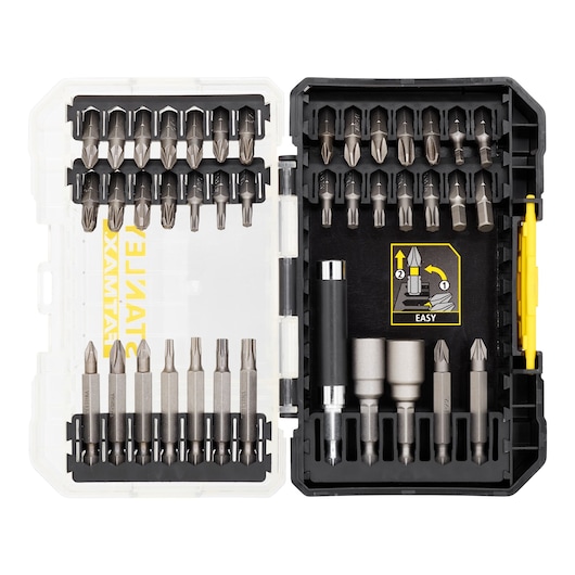 STANLEY STA88560 screwdriver bit set in plastic case, top view, assorted bits and holders included.
