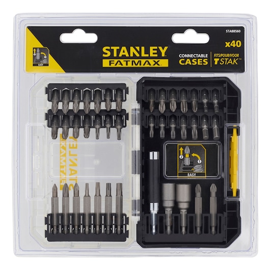 Photo of STANLEY STA88560 FATMAX 40-piece screwdriver bit set in clear plastic case, top view.