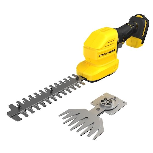 Photo of STANLEY STCSS20B yellow cordless shrub shear with extra blade attachment, product angle on white background.