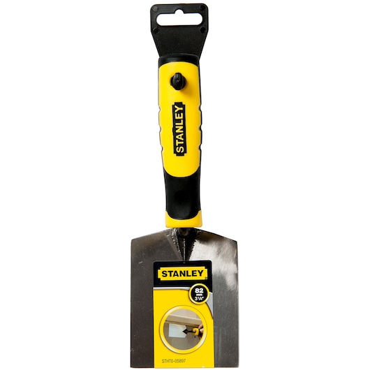 Stanley STHT0-05897 yellow and black putty knife front angle on white background.