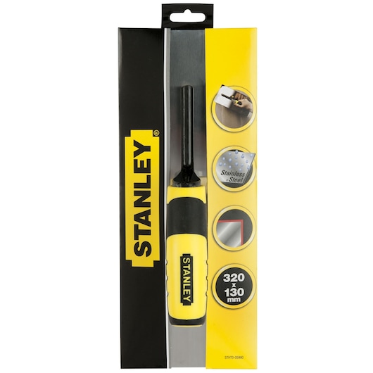 STANLEY STHT0-05900 stainless steel hand scraper in yellow and black packaging, front view.