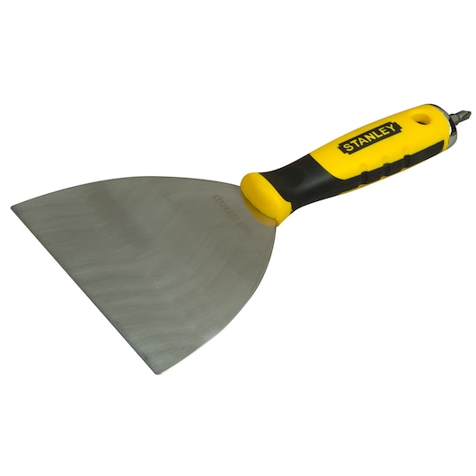 STANLEY STHT0-28034 putty knife with yellow and black ergonomic handle, side angle, photography.