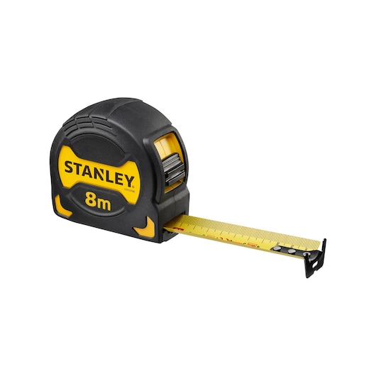 STANLEY STHT0-33566 8m tape measure, black and yellow casing, side angle on white background.