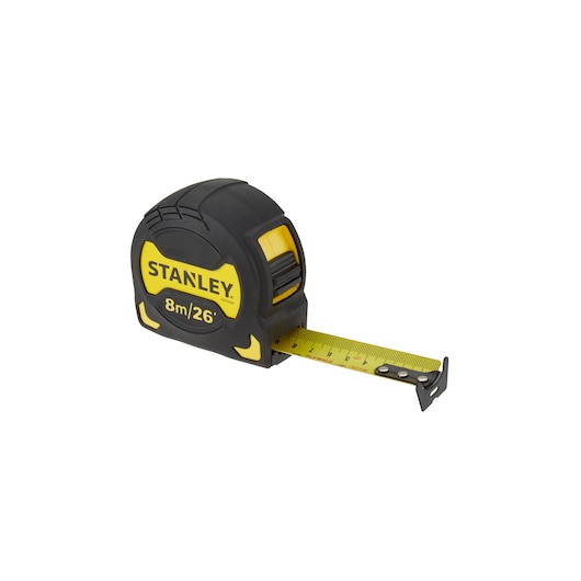 Stanley 8m/26ft yellow and black tape measure with extended measuring tape.