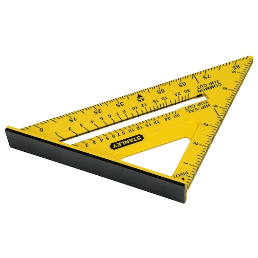 Photo of STANLEY STHT0-46010 yellow triangular rafter square with black edge, angled on white background.