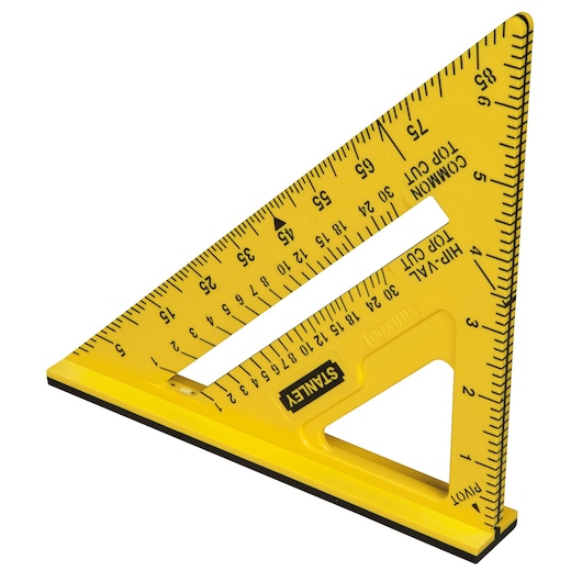 STANLEY STHT0-46010 yellow plastic rafter square with black markings, side angle, on white background.