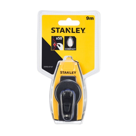 Photo of STANLEY STHT0-47147 compact chalk line reel, 9m, in yellow and black, front angle, in retail packaging.