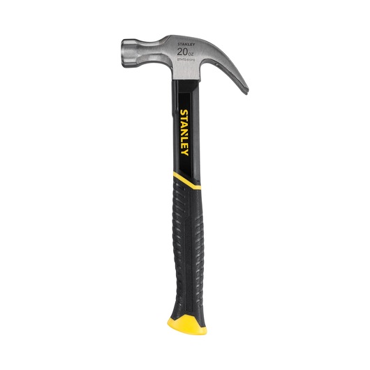 STANLEY STHT0-51310 claw hammer, black and yellow handle, front view on white background.