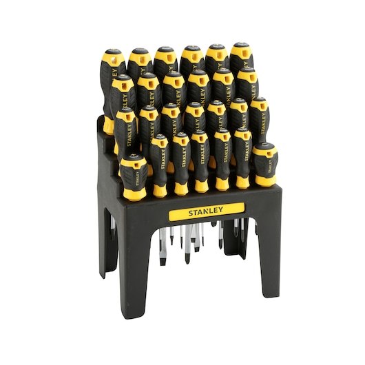 STANLEY STHT0-62142 screwdriver set with black and yellow handles on stand, front angle.