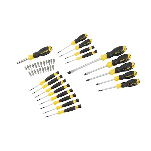 STANLEY STHT0-62144 screwdriver set with black and yellow handles, multiple screwdriver sizes, and assorted bits, top view.