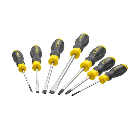 STANLEY STHT0-62144 screwdriver set with black and yellow handles, seven assorted sizes, front angle on white.