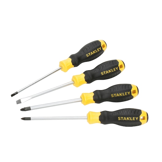 STANLEY STHT0-62145 screwdriver set with black and yellow handles, flat and Phillips tips, front angle.