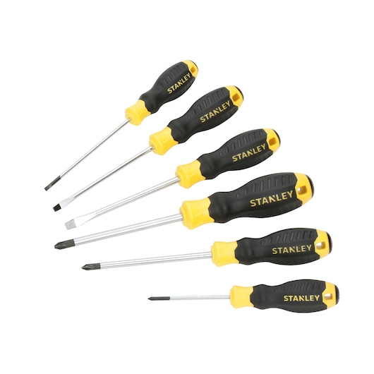 STANLEY STHT0-62151 screwdriver set with black and yellow handles, six pieces, top view on white.