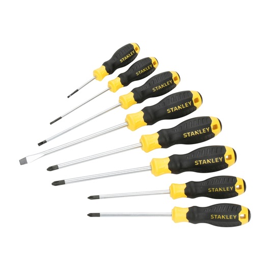 Set of eight Stanley screwdrivers with black and yellow handles, arranged side by side on a white background.