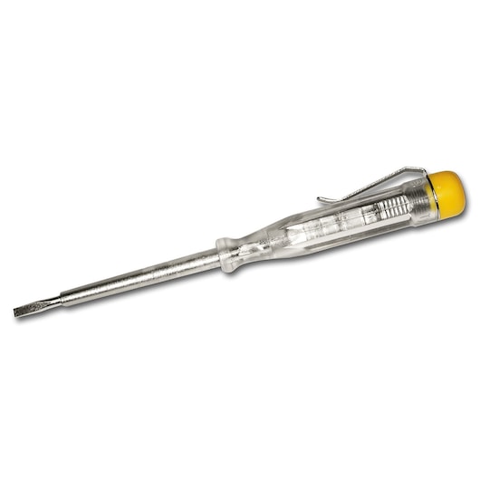 STANLEY STHT0-66121 voltage tester screwdriver with clear handle and yellow cap, side view on white background.
