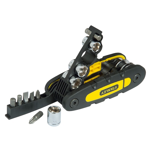 STANLEY STHT0-70695 multi-tool set with black and yellow handle and assorted bits, angled view.