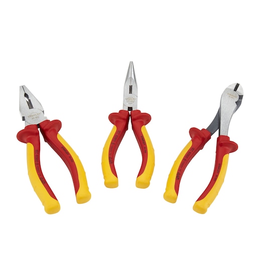 STANLEY STHT0-73920 pliers set, three types with red and yellow insulated handles, front angle on white background.