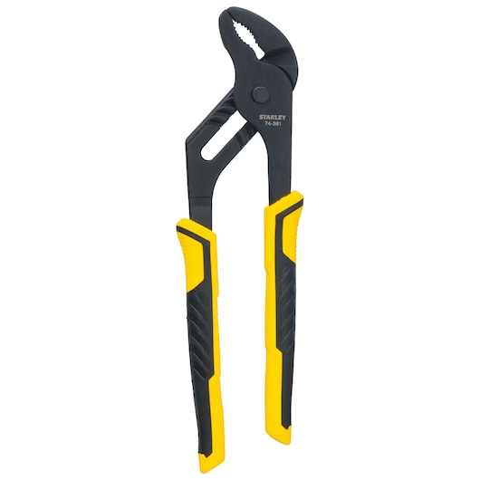 Photo of STANLEY STHT0-74361 slip joint pliers with yellow and black rubber grips, front angle on white background.