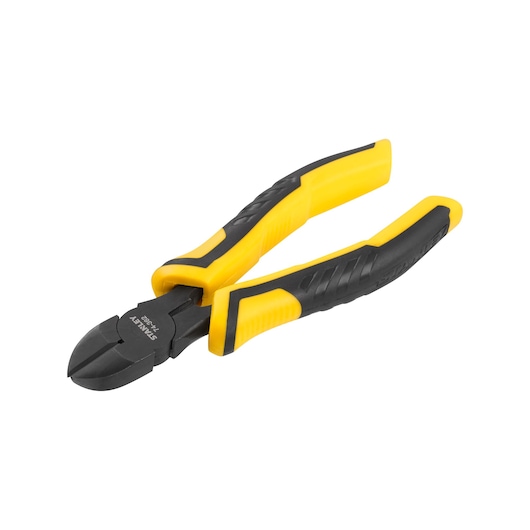 Photo of STANLEY STHT0-74362 diagonal cutting pliers with yellow and black handles, angled view on white background.