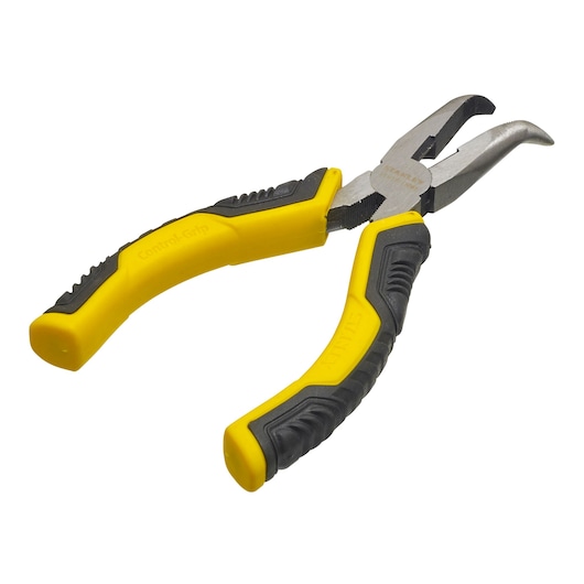 STANLEY STHT0-75065 bent nose pliers with yellow and black control grip, front angle, on white background.