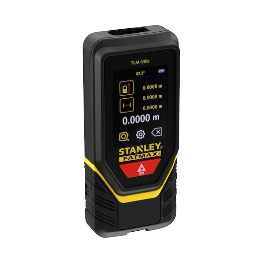 Photo of STANLEY STHT1-77140 laser distance measurer with digital display, black and yellow, front left angle.