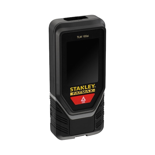 Photo of STANLEY STHT1-77142 laser distance measurer, black and yellow, angled front view on white background.