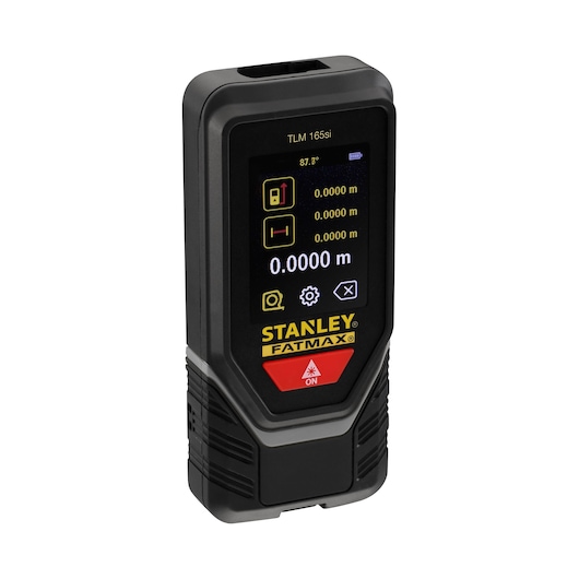 STANLEY SKU STHT1-77142 laser distance measurer FATMAX, black and yellow, angled view on white background.